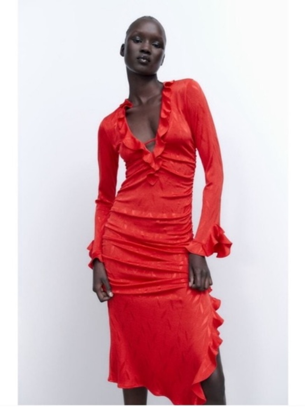Zara Jacquard Bright Red Satin Dress